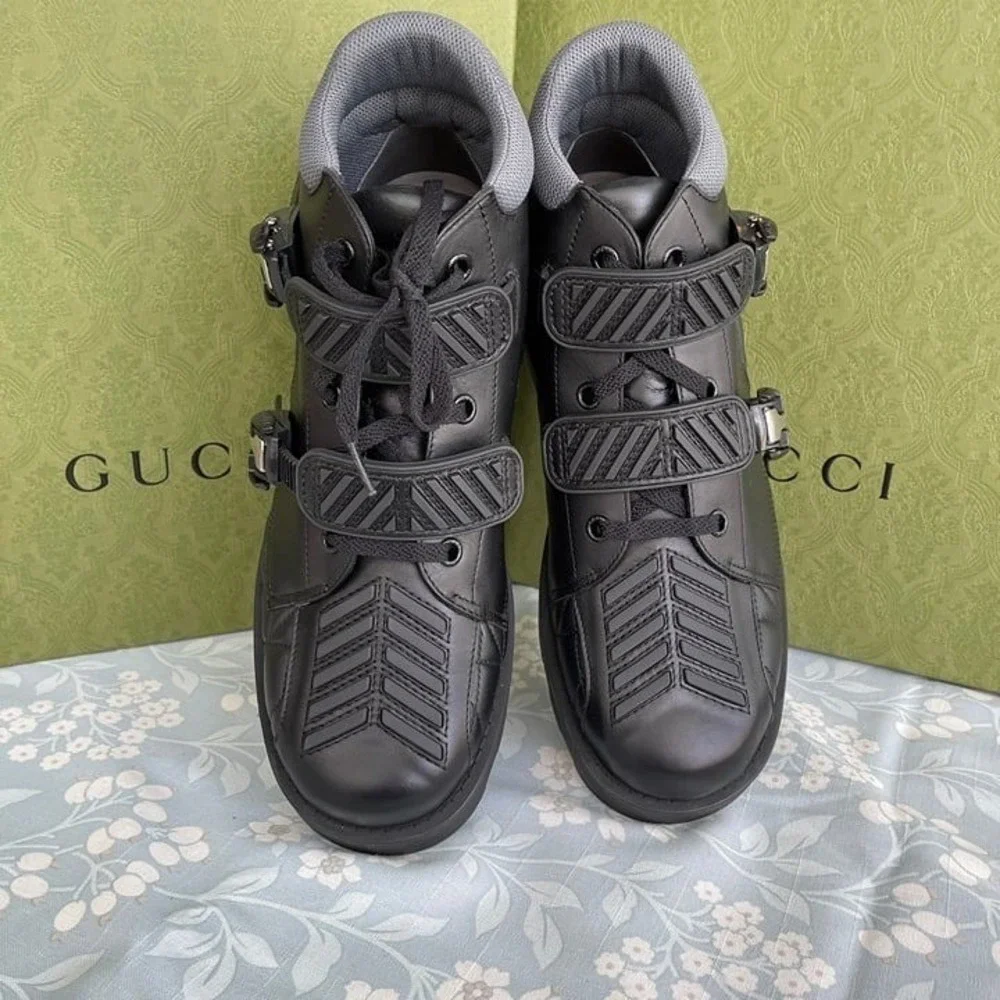 Gucci 718665 Black‎ Leather Quebec Hi-top Calf Men's Sneakers Shoe, Size G 11